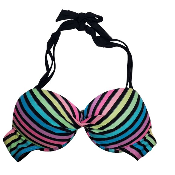 Arizona Junior's Rainbow Stripe‎ Twist Underwire Push Up Halter Neck Bikini S - Picture 1 of 3